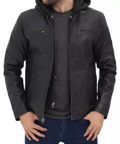 Men's Black Removable Hood Leather Jacket