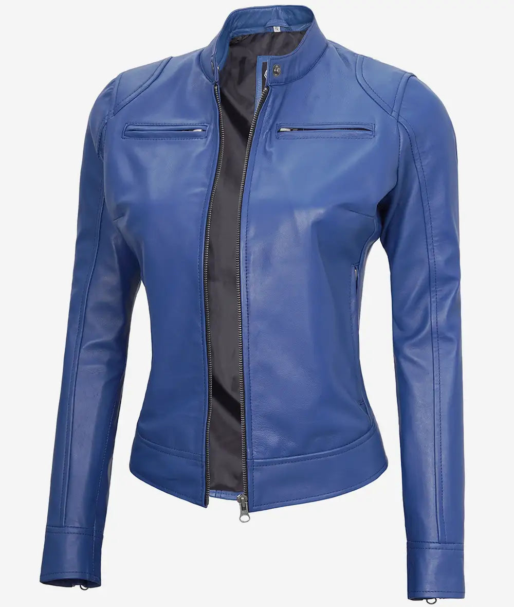 Women's Blue Slim Fit Cafe Racer Leather Jacket - Image 2