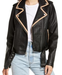 Contrast Trim Faux Leather Moto Jacket