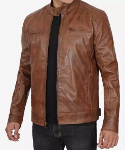Men's Chocolate Brown Waxed Cafe Racer Motorcycle Leather Jacket