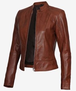 Women's Cognac Slim Fit Leather Biker Jacket