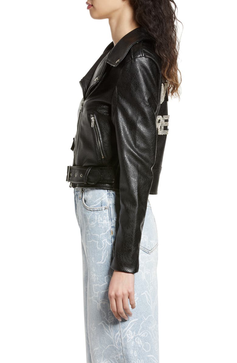 Rhinestone Faux Leather Belted Moto Jacket - Image 5