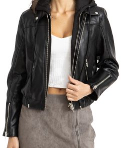 Faux Leather Bomber Jacket with Removable Hood