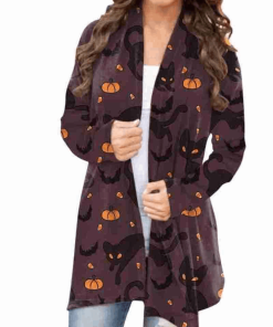 Halloween Black Cat Print Long Coat