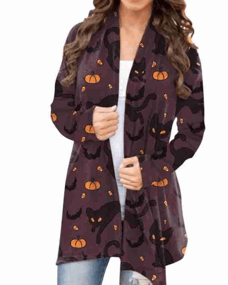 Halloween Black Cat Print Long Coat