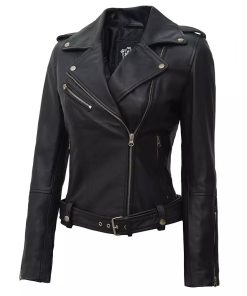 Margaret Women's Asymmetrical Black Belted Biker Leather Jacket