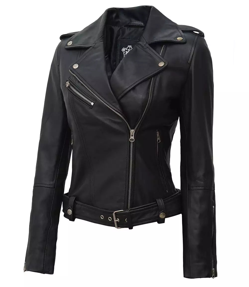 Margaret Women's Asymmetrical Black Belted Biker Leather Jacket