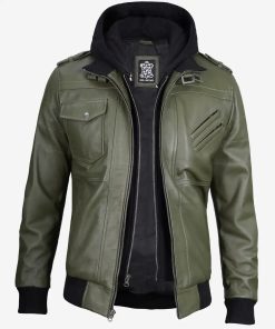 Men's Military Green Real Leather Bomber Jacket with Hood