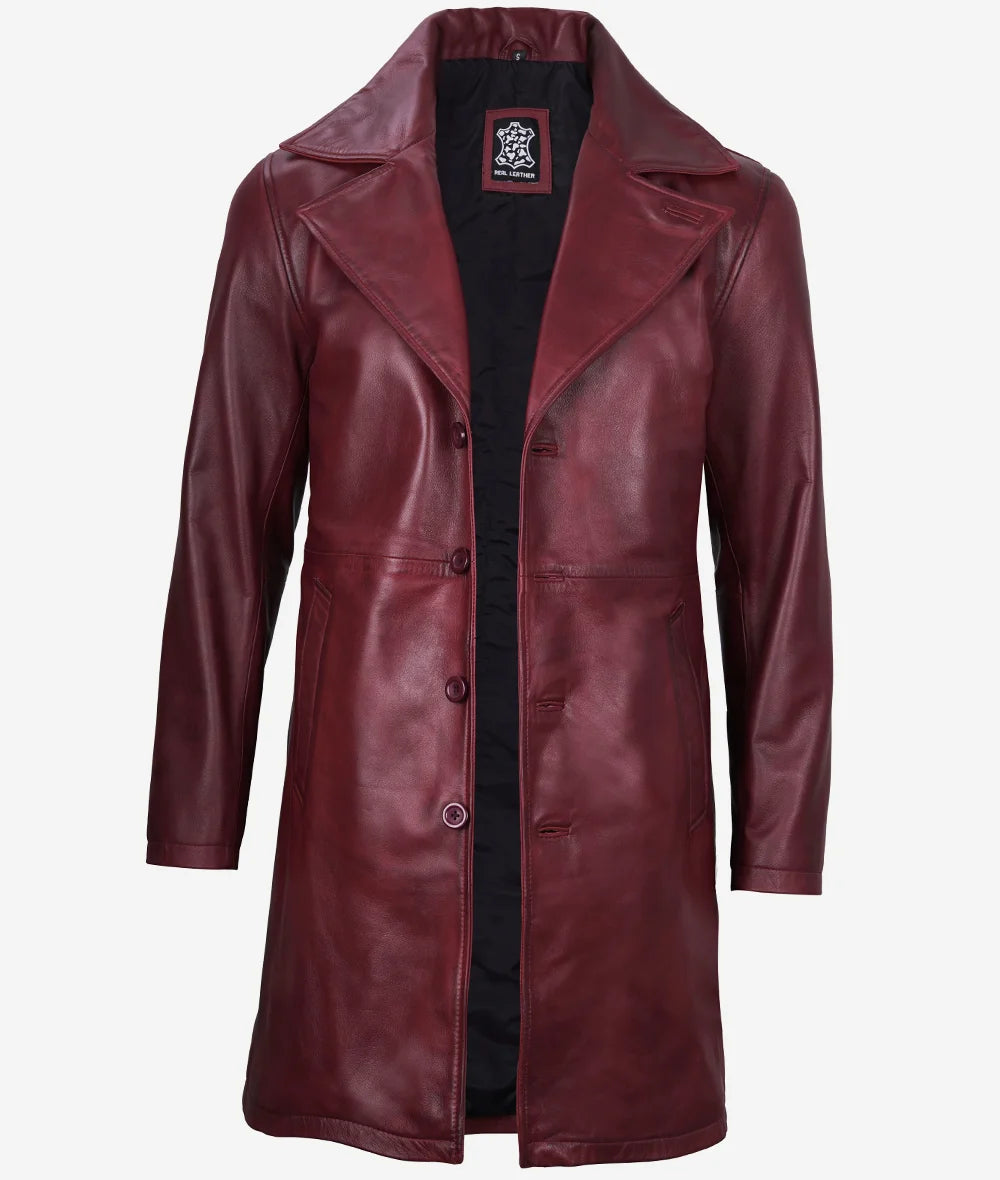 Men's Maroon 3/4 Length Real Leather Car Coat - Image 2