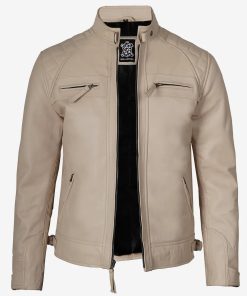 Men’s Cafe Racer Beige Real Leather Jacket - Quilted Shoulder