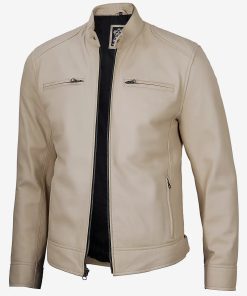 Men's Beige Cafe Racer Leather Jacket