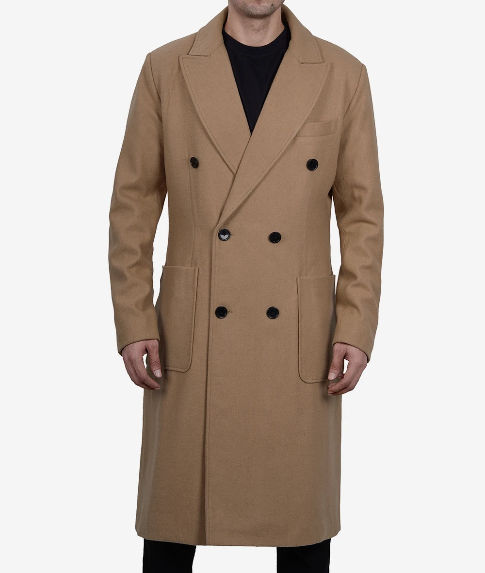 Men's Beige Double Breasted Wool Coat - Image 2