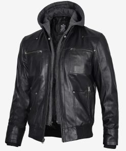 Men's Black Leather Bomber Jacket with Removable Hood
