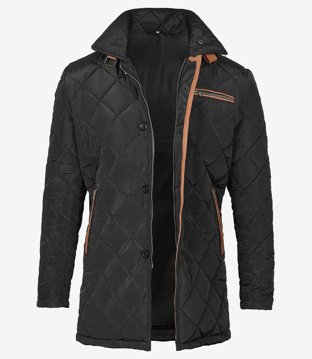 Men's Black Quilted 3/4 Length Polyester Coat - Brown Detailing - Image 2