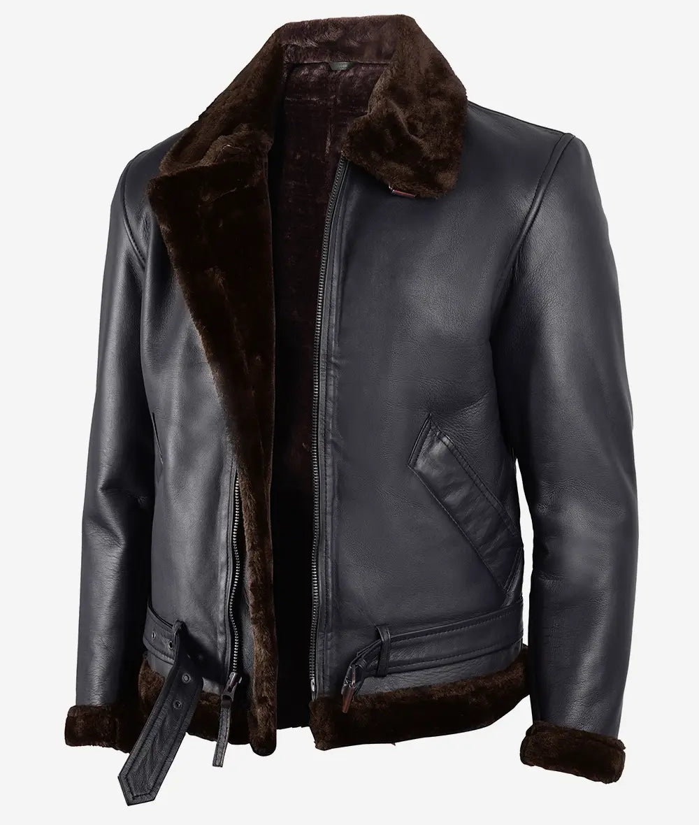 Men's Black Shearling Leather Jacket with Brown Fur - Image 2