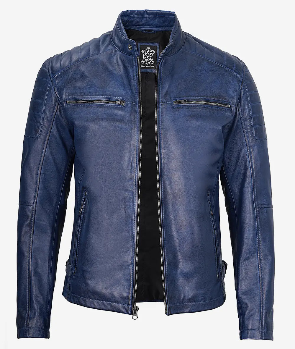 Men's Cafe Racer Blue Waxed Leather Jacket - Image 2