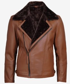 Men's Cognac Leather Shearling Moto Jacket