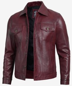 Fernando Men's Maroon Lambskin Leather Trucker Jacket