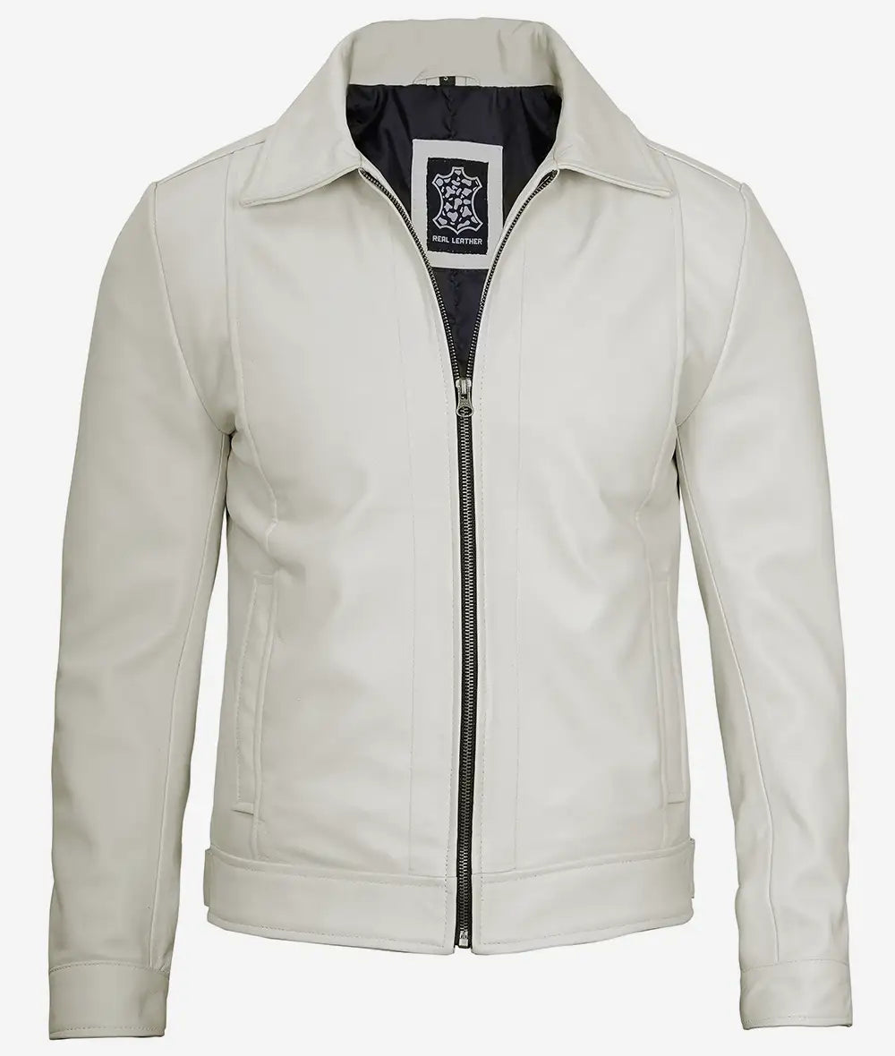 Men's Off White Shirt Collar Real Leather Jacket - Image 2