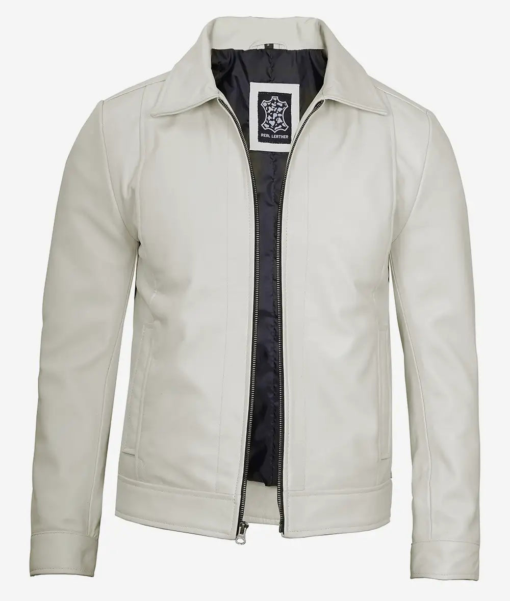 Men's Off White Shirt Collar Real Leather Jacket