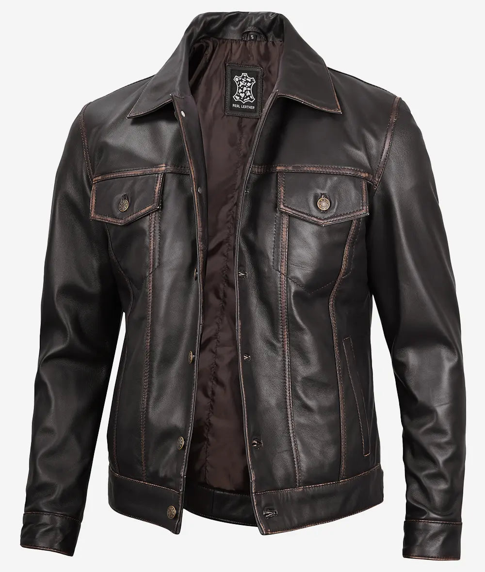 Fernando Men’s Dark Brown Trucker Real Leather Jacket