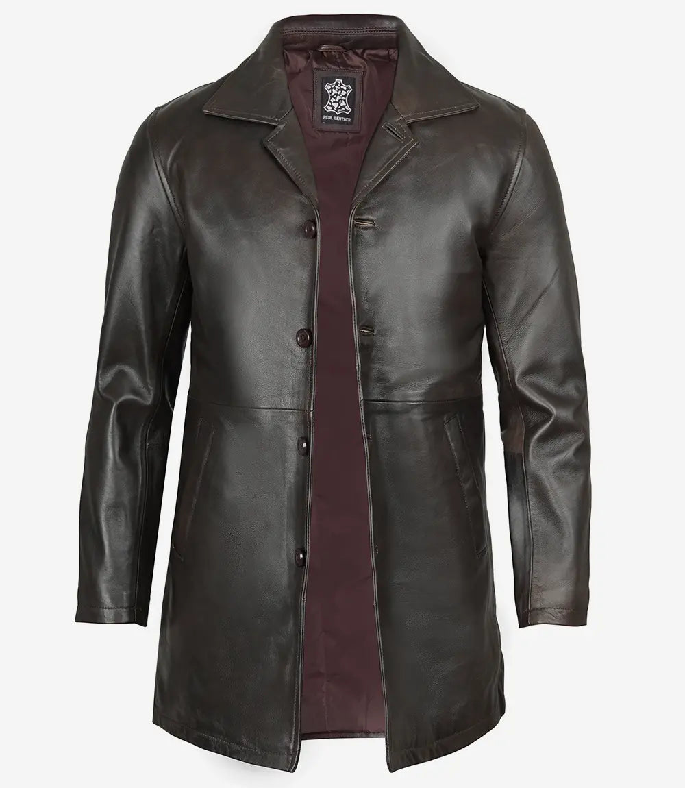 Men's Dark Brown Real Leather Car Coat - Image 2