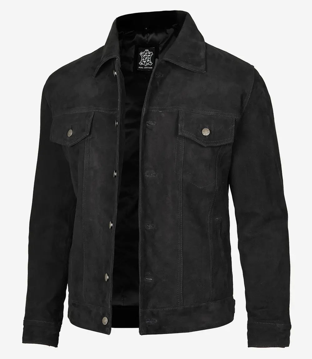 Men's Classical Black Suede Trucker Jacket - Image 2