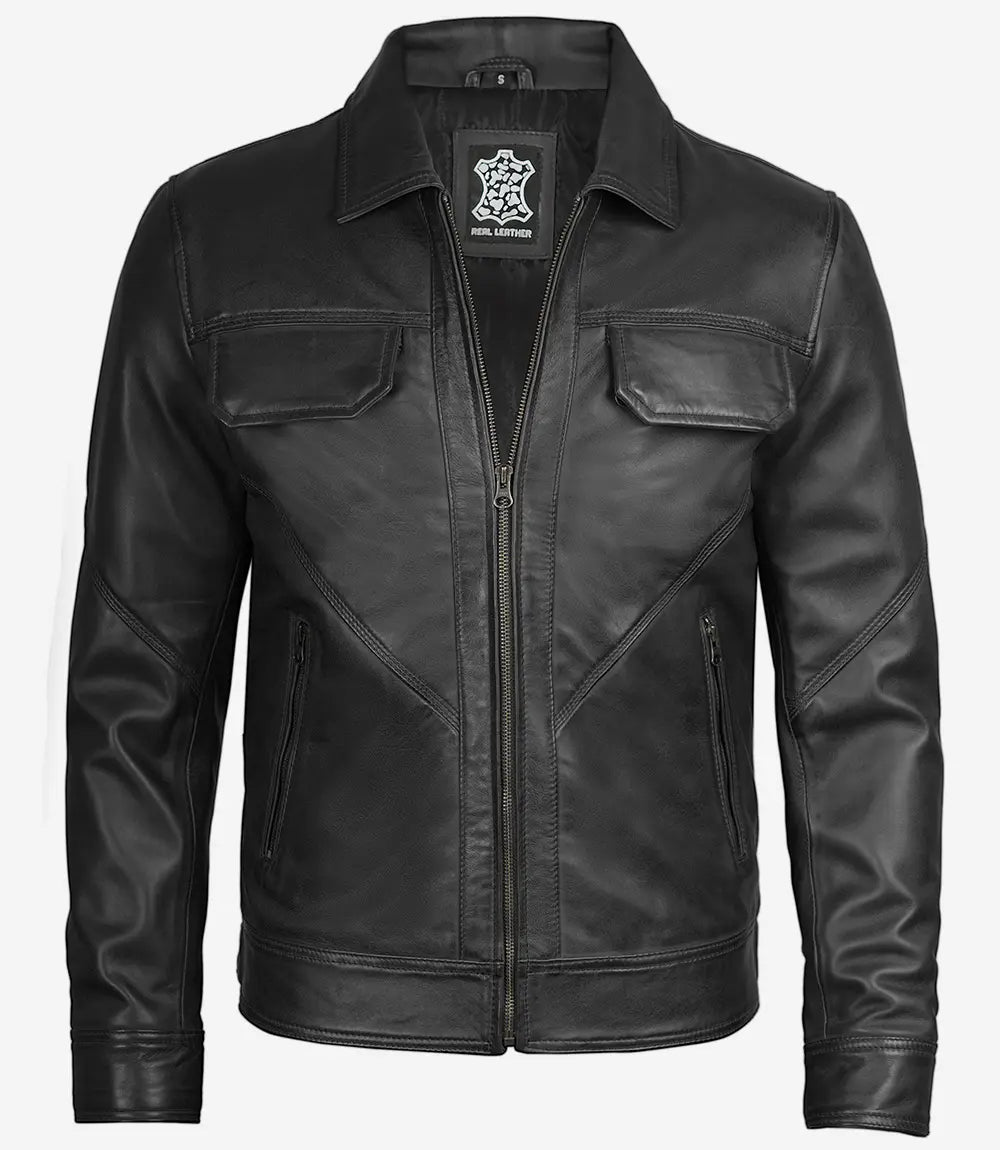 Men's Classic Black Shirt Collar Trucker Leather Jacket - Image 2