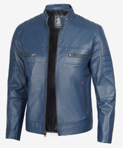 Men's Stylish Slim Fit Blue Cafe Racer Leather Jacket