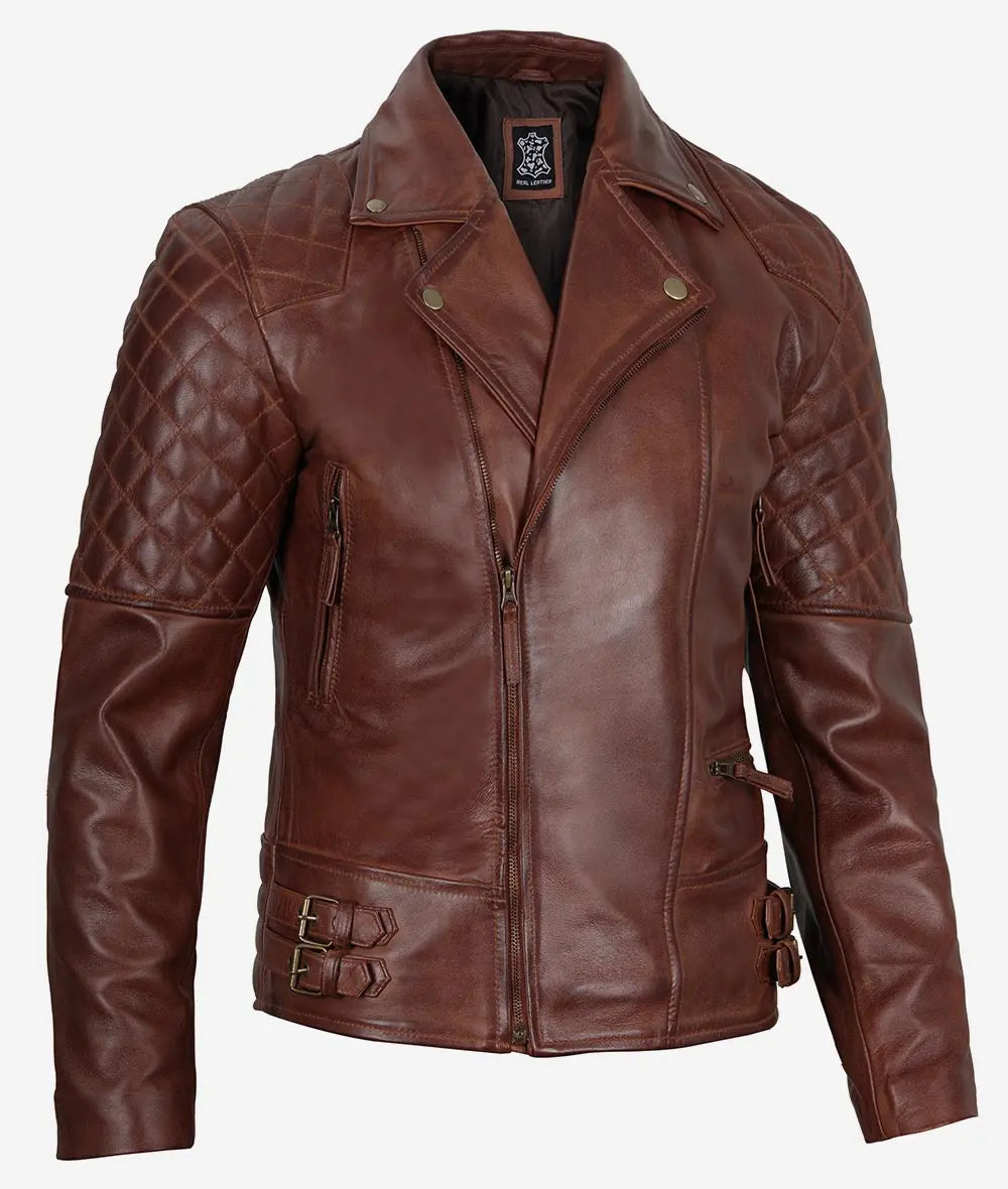 Men's Cognac Brown Leather Biker Jacket - Image 2