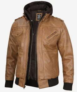 Men's Camel Brown Bomber Leather Jacket Removable Hood