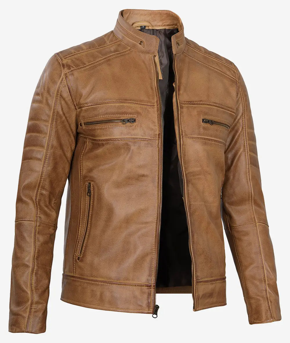 Men's Camel Brown Real Leather Jacket - Cafe Racer Style - Image 2