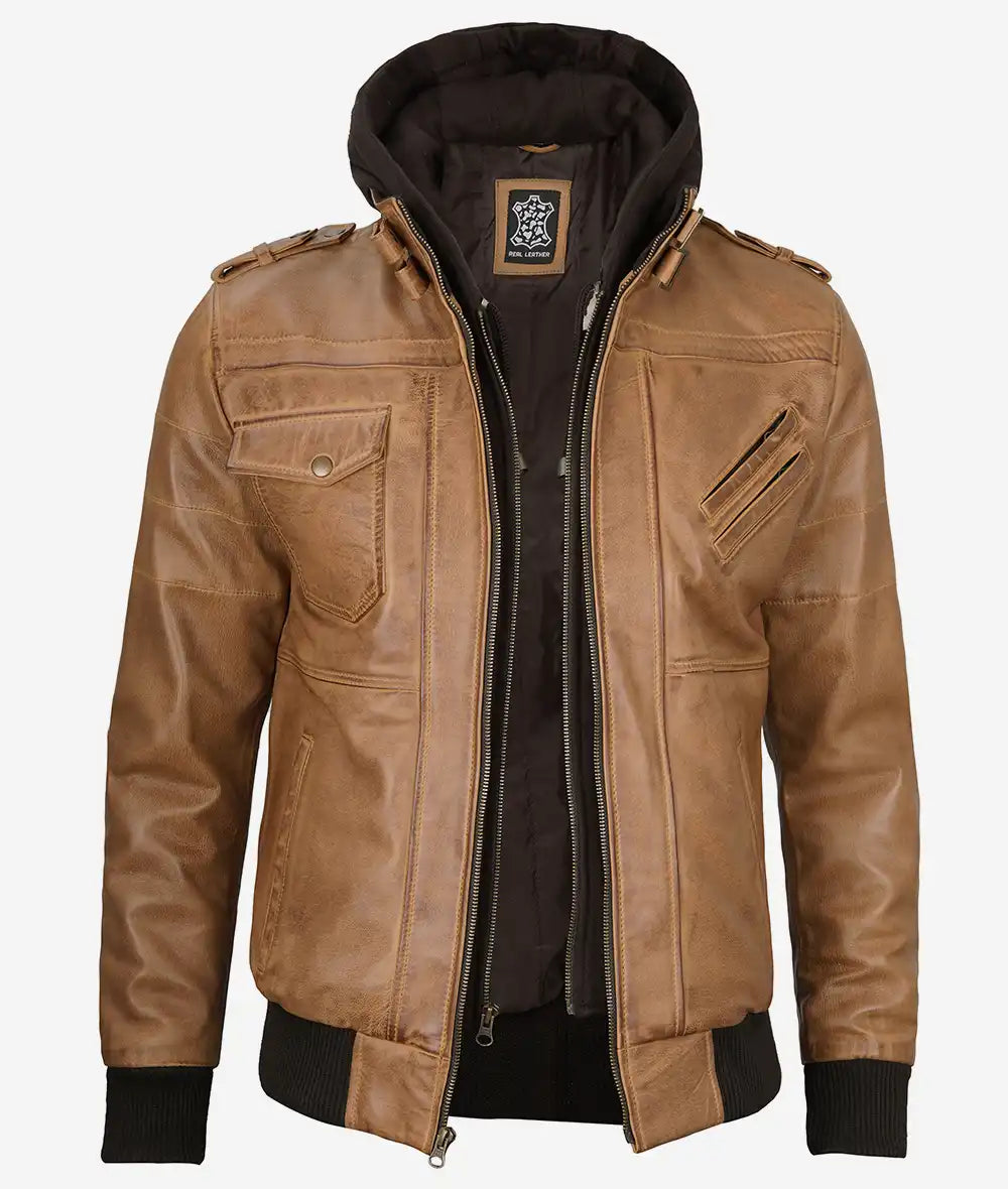 Men's Camel Brown Bomber Leather Jacket Removable Hood - Image 2