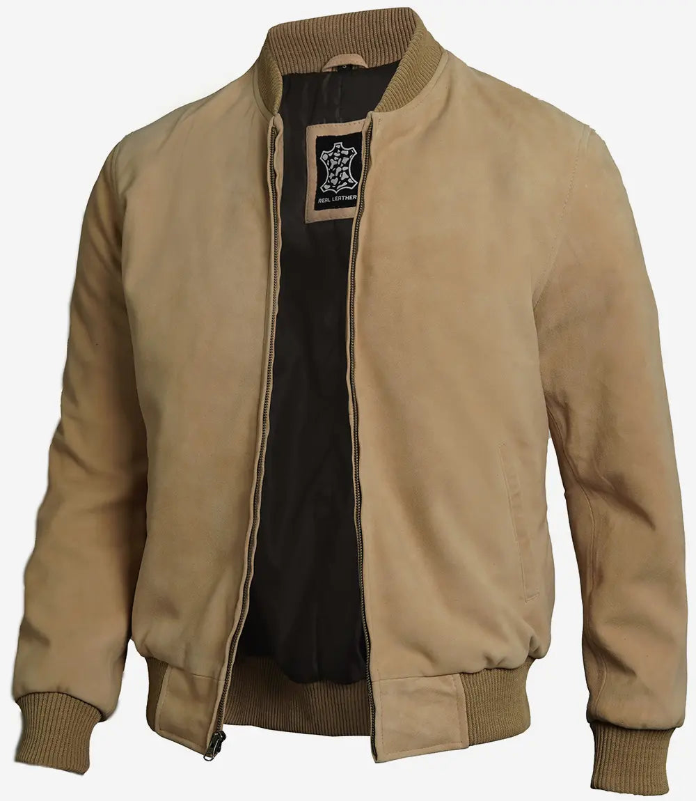 Men's Classical Camel Suede Bomber Jacket - Image 2