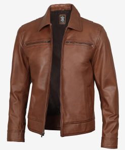 Men's Classic Cognac Shirt Collar Leather Jacket