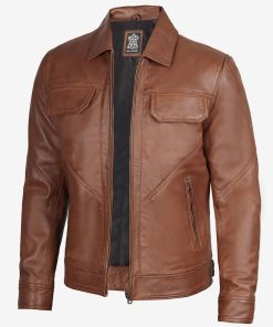 Men's Cognac Shirt Collar Trucker Leather Jacket