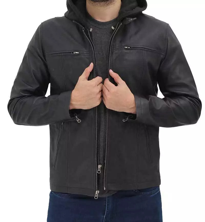 Men's Black Removable Hood Leather Jacket - Image 2