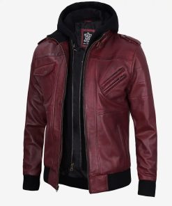 Men's Maroon Leather Jacket with Removable Hood