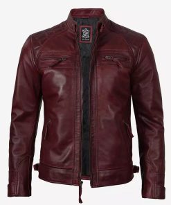 Men's Real Lambskin Leather Maroon Biker Jacket with Quilted Shoulders