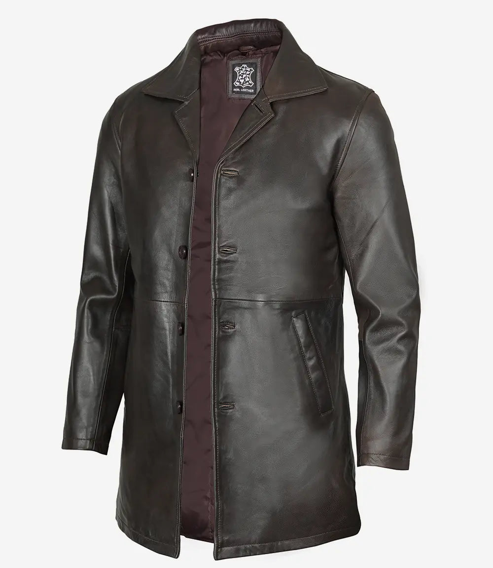 Men's Dark Brown Real Leather Car Coat