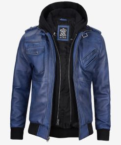 Men's Blue Wax Leather Bomber Jacket with Removable Hood