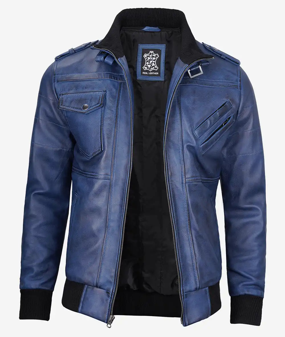 Men's Blue Wax Leather Bomber Jacket with Removable Hood - Image 2