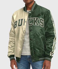 Milwaukee Bucks Varsity Satin Off White/Green Jacket