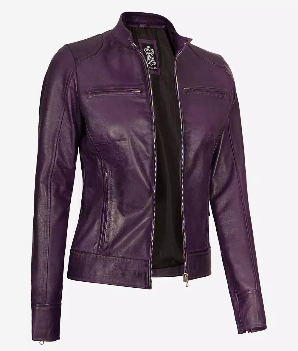 Dodge Women's Purple Cafe Racer Real Lambskin Leather Jacket - Image 2