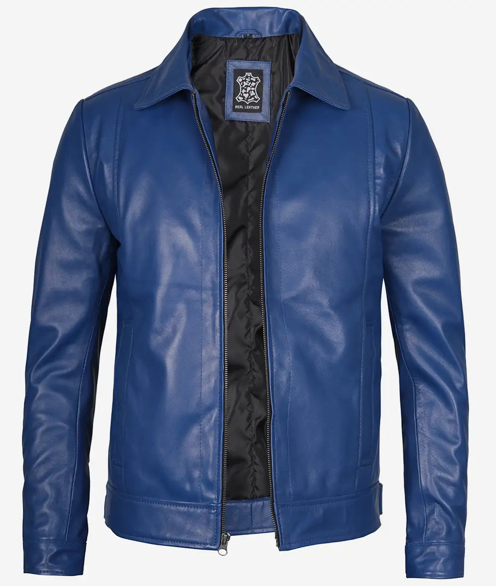 Men's Classic Shirt Style Blue Leather Jacket - Image 2