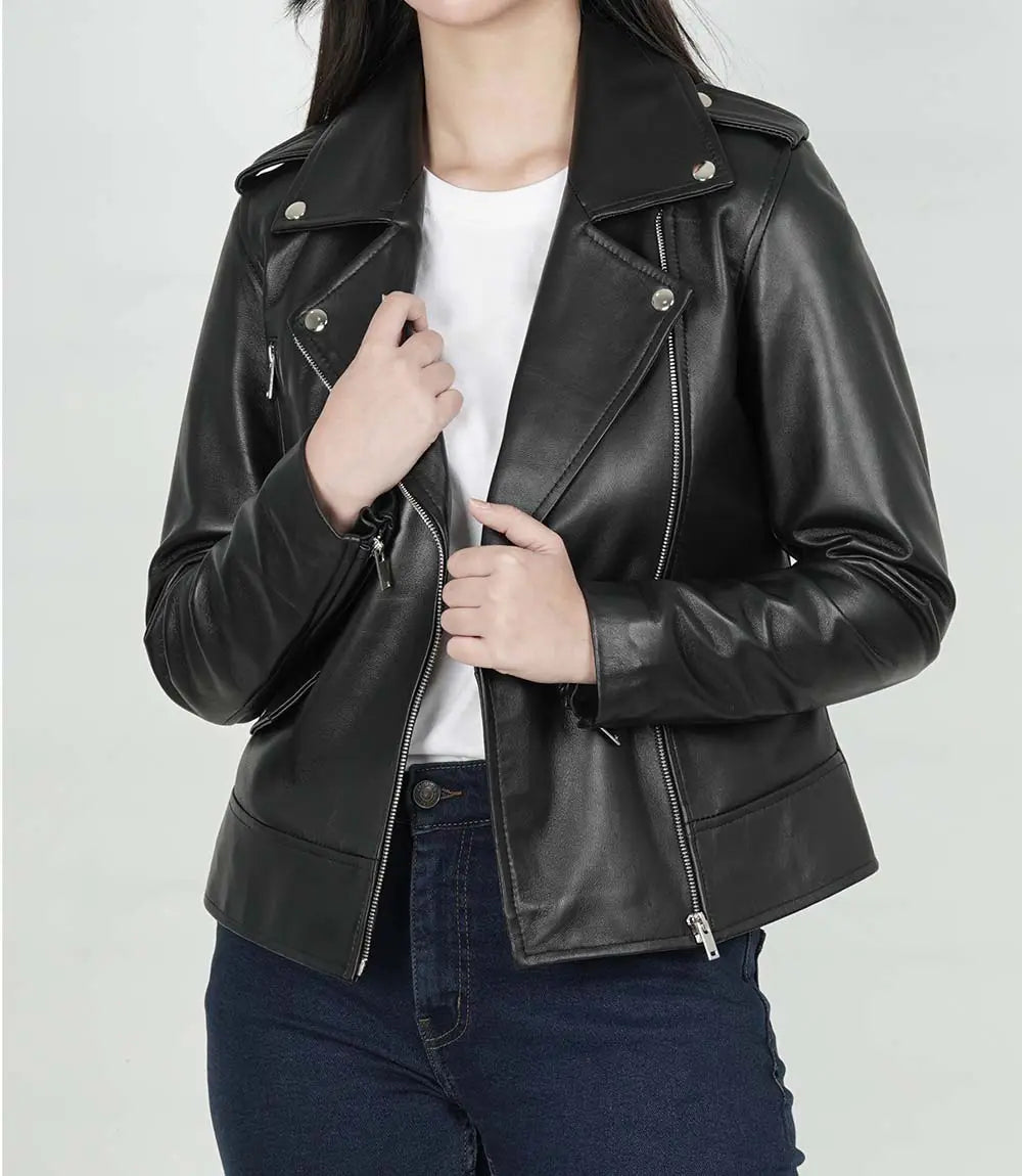 Women's Amber Asymmetrical Black Leather Jacket
