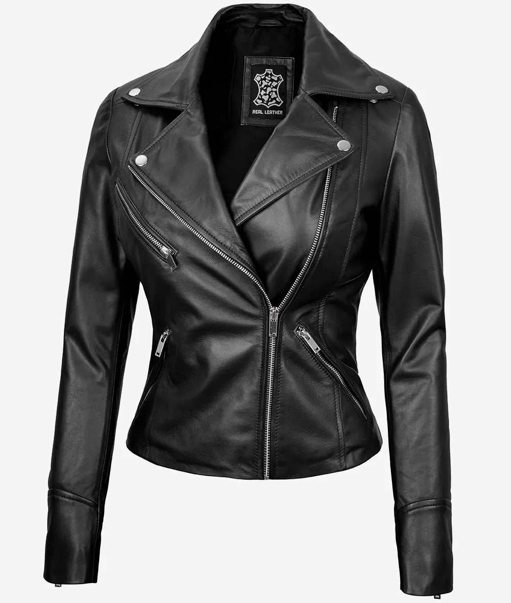 Rita Women's Black Asymmetrical Leather Biker Jacket