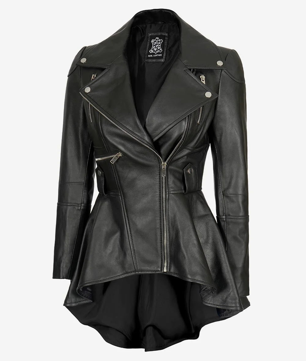 Women's Asymmetrical Peplum Black Leather Jacket