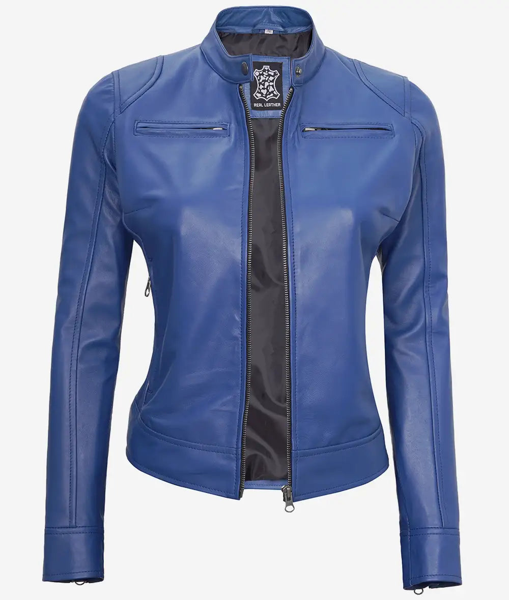 Women's Blue Slim Fit Cafe Racer Leather Jacket