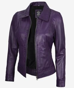Women's Purple Shirt Collar Leather Jacket